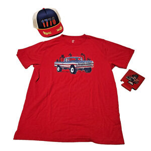 Patriotic Lot USA America Classic Truck T-Shirt Trucker Hat & Beer Coozie Mens M